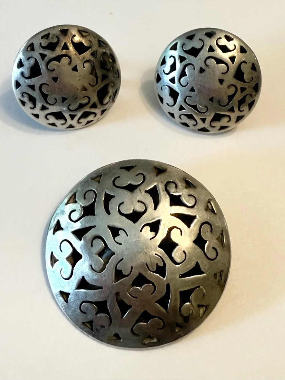 Vintage 925 Sterling Silver Openwork Modernist Brooch Pendant Earrings Mexico